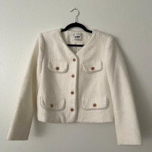 J.ING April Ivory Button Up Crop Tweed Jacket with Pearls and Copper Buttons